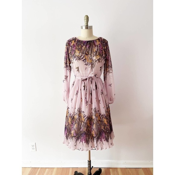 Vintage 1970s Sheer Crinkle Floral Dress Purple Sweet Cottagecore - Picture 2 of 10